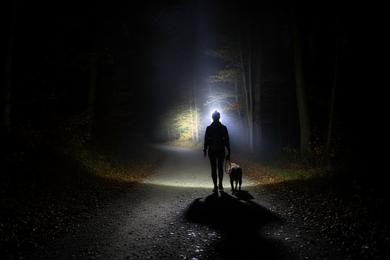 j'aimerais que ma frontale soit porter et qu'on voit qu'une femme promène son chien plutot la femme de dos et on voit que la frontal éclaire bien la route