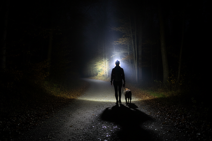 j'aimerais que ma frontale soit porter et qu'on voit qu'une femme promène son chien plutot la femme de dos et on voit que la frontal éclaire bien la route 